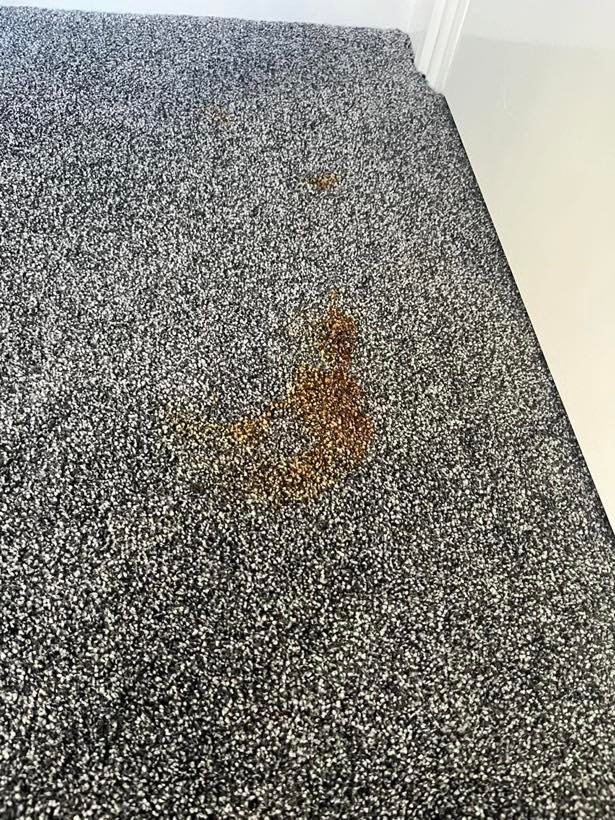 A set-in spill on a speckled carpet before cleaning